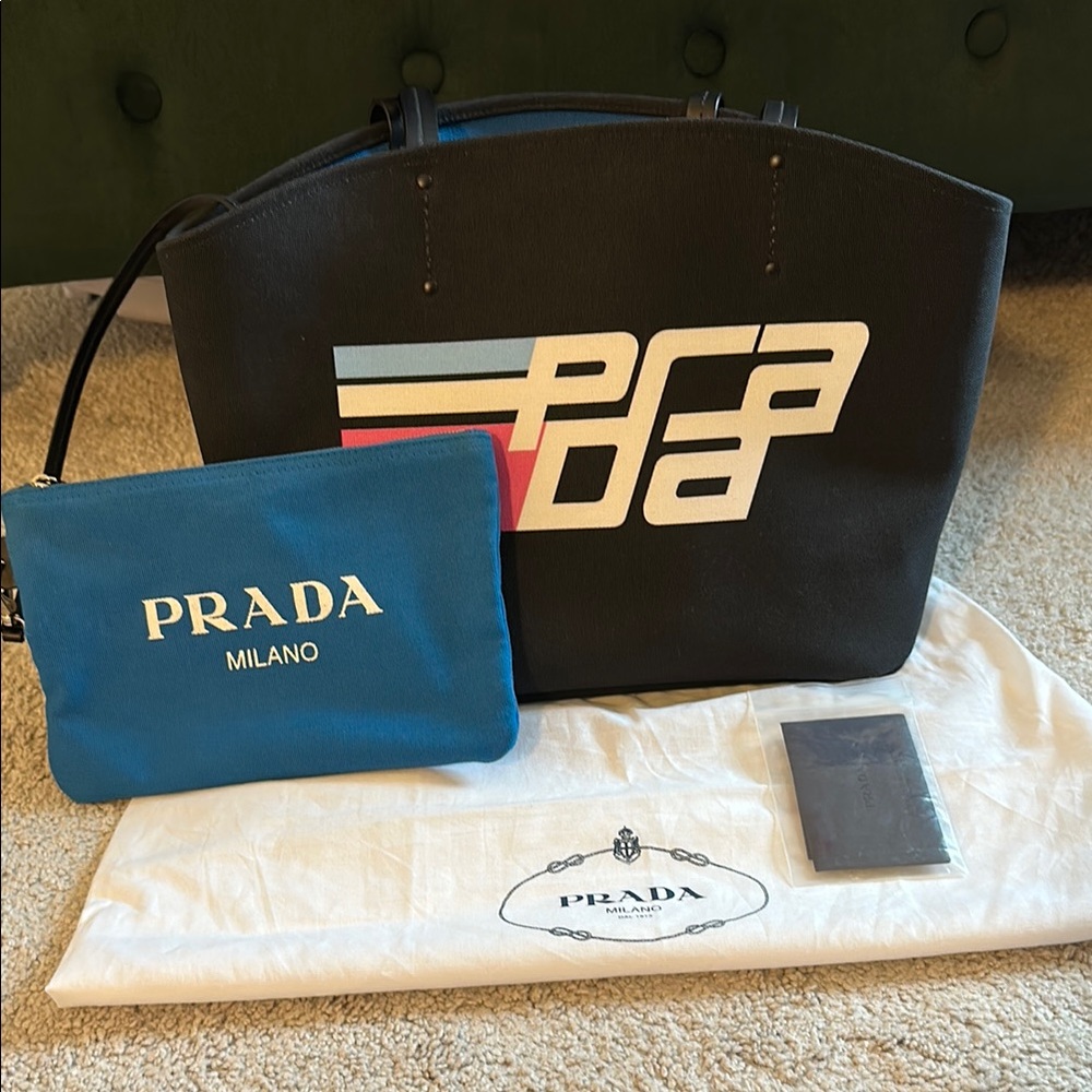 Prada Black Canapa Canvas Tote Bag with pouch.